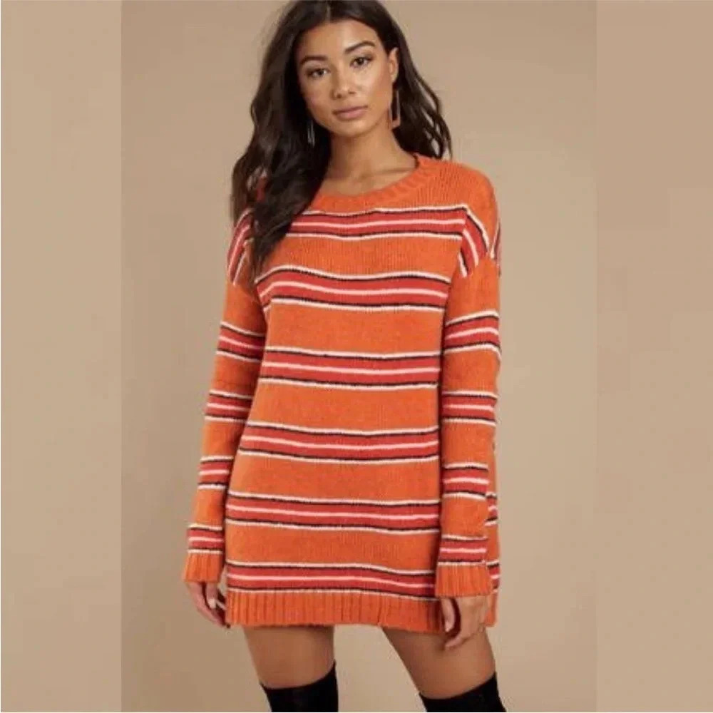 For Love & Lemons Charlie Sweater Orange Striped Oversize Crew Neck Pullover S - Picture 2 of 9